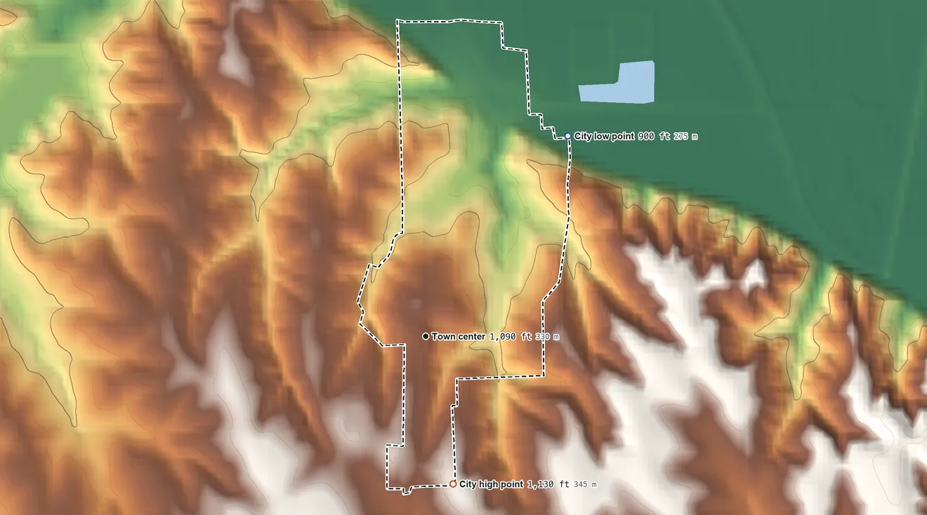 Topographic elevation map of Peru, Nebraska, shaded from 900 ft on the northeast side to 1,130 ft on the south side