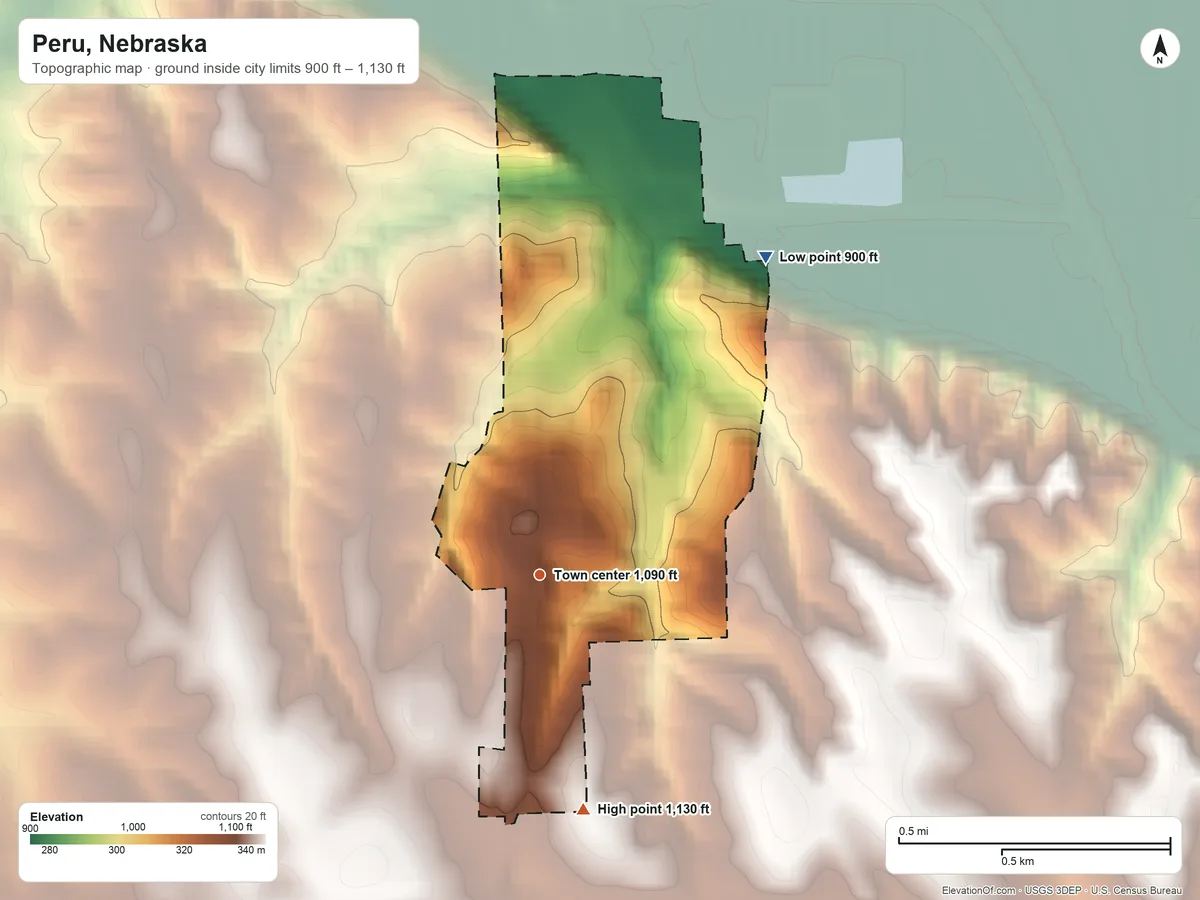 Topographic elevation map of Peru, Nebraska, shaded from 900 ft on the northeast side to 1,130 ft on the south side