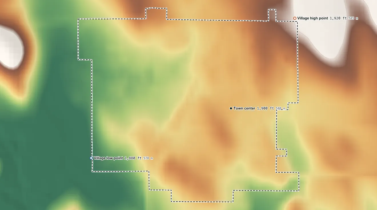 Topographic elevation map of Petersburg, Nebraska, shaded from 1,880 ft on the west side to 1,920 ft on the northeast side