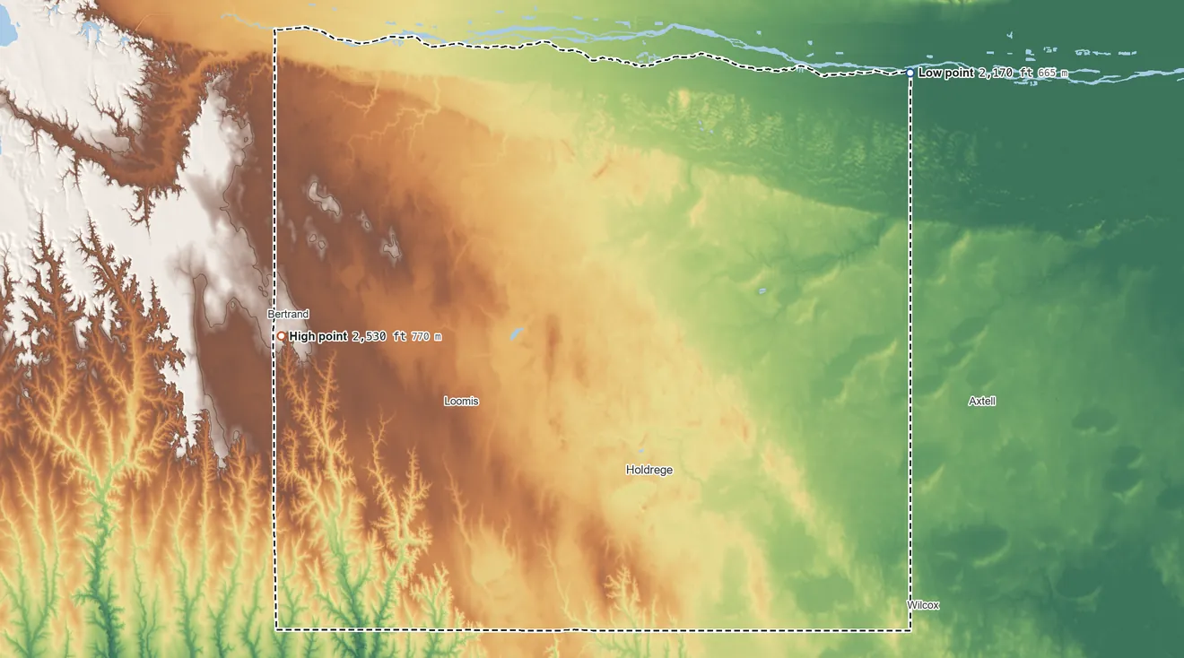 Topographic elevation map of Phelps County, Nebraska, shaded from 2,170 ft on the northeast side to 2,530 ft on the west side