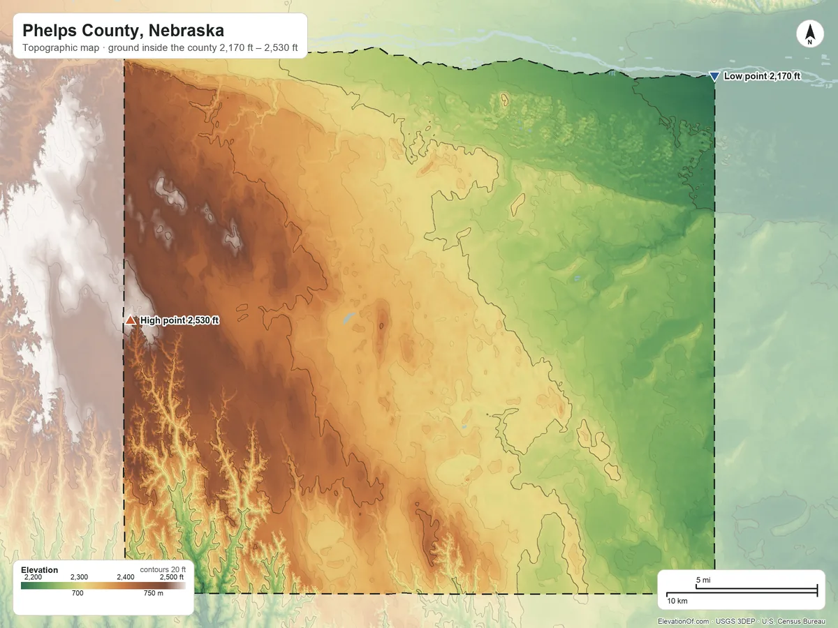 Topographic elevation map of Phelps County, Nebraska, shaded from 2,170 ft on the northeast side to 2,530 ft on the west side