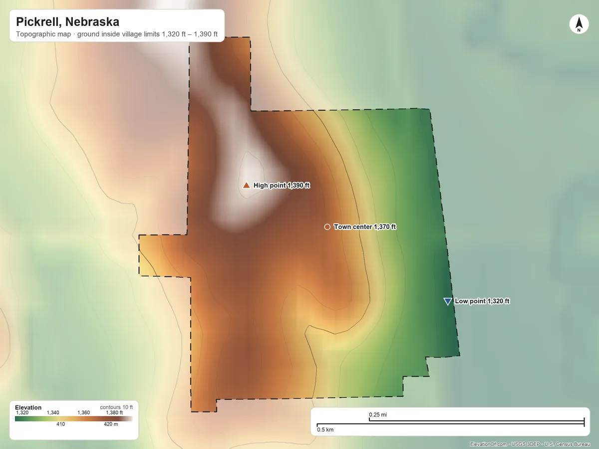 Topographic elevation map of Pickrell, Nebraska, shaded from 1,320 ft on the southeast side to 1,390 ft on the northwest side