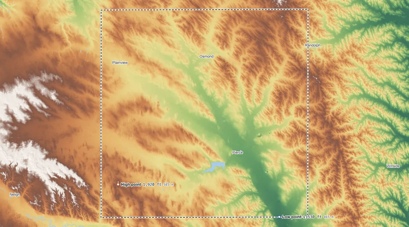 Topographic elevation map of Pierce County, Nebraska, shaded from 1,530 ft on the southeast side to 1,920 ft on the southwest side