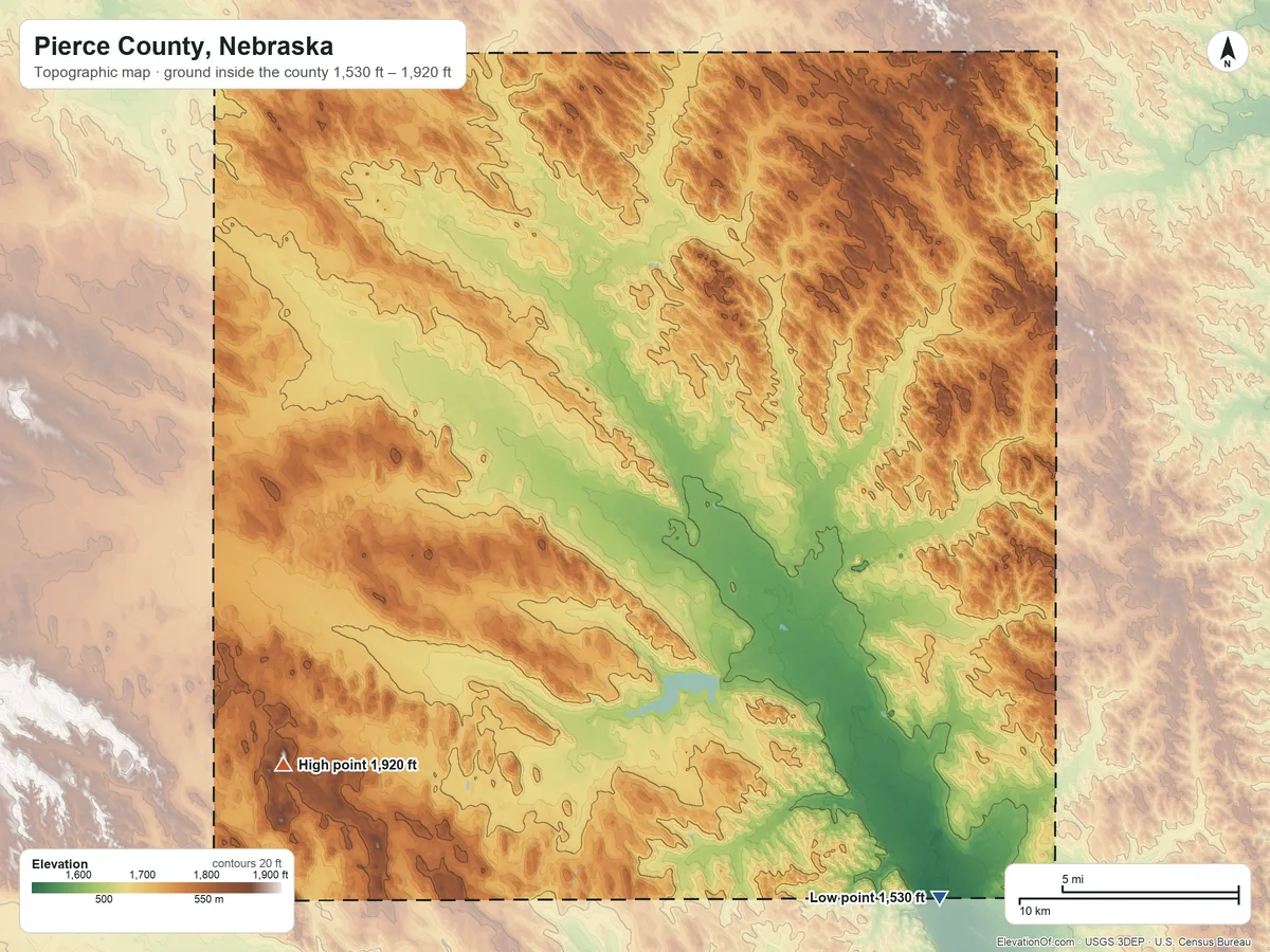 Topographic elevation map of Pierce County, Nebraska, shaded from 1,530 ft on the southeast side to 1,920 ft on the southwest side