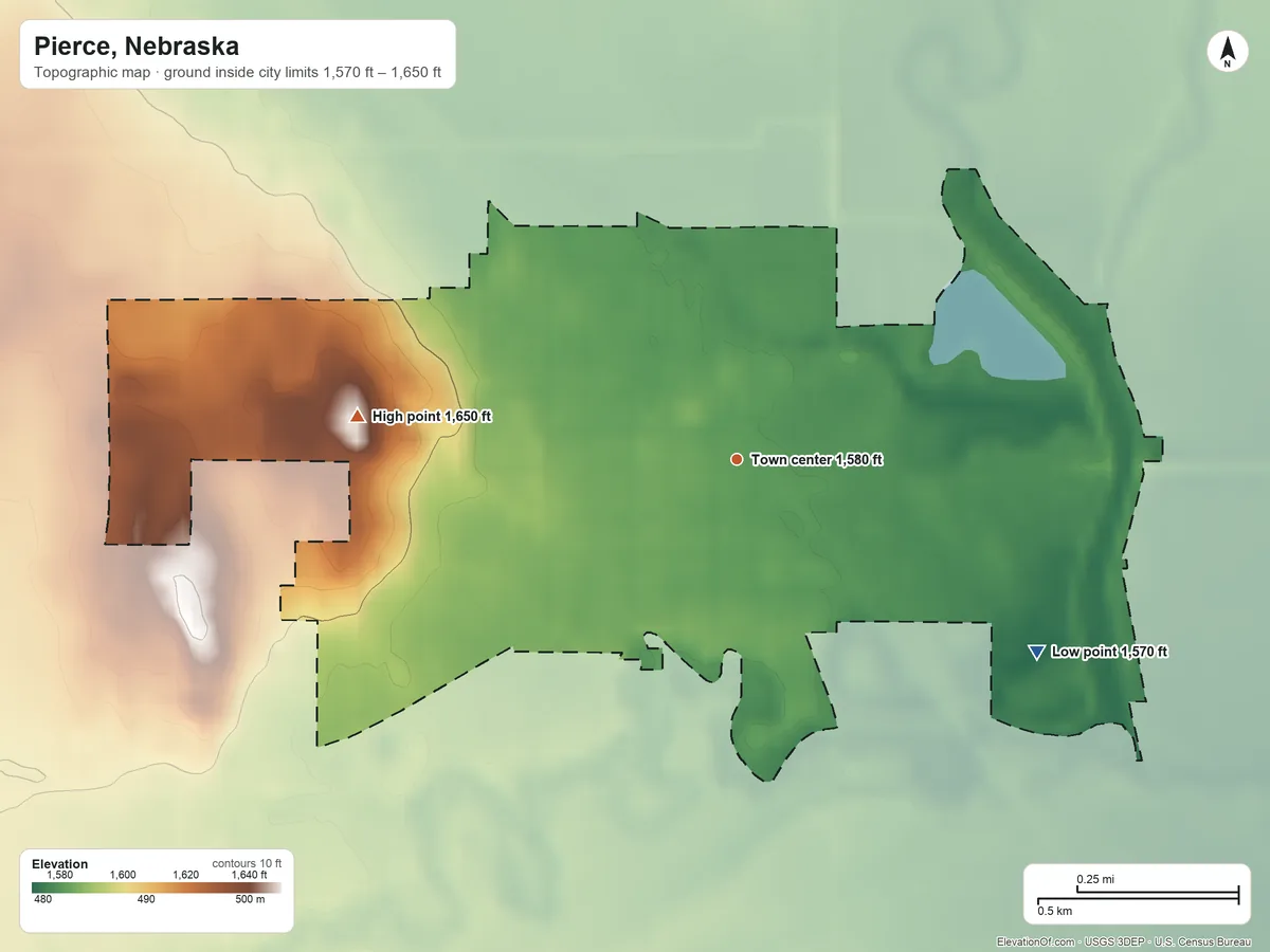 Topographic elevation map of Pierce, Nebraska, shaded from 1,570 ft on the southeast side to 1,650 ft on the west side