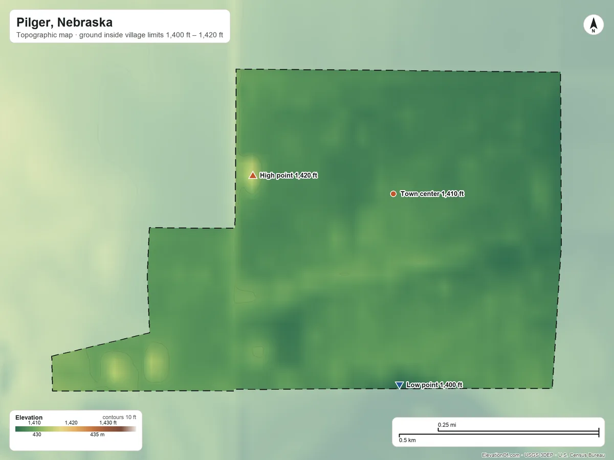 Topographic elevation map of Pilger, Nebraska, shaded from 1,400 ft on the south side to 1,420 ft on the west side