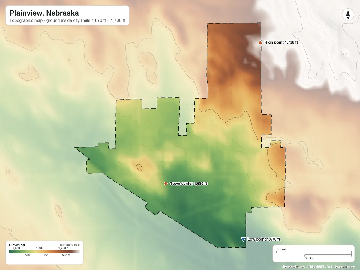 Topographic elevation map of Plainview, Nebraska, shaded from 1,670 ft on the southeast side to 1,730 ft on the northeast side