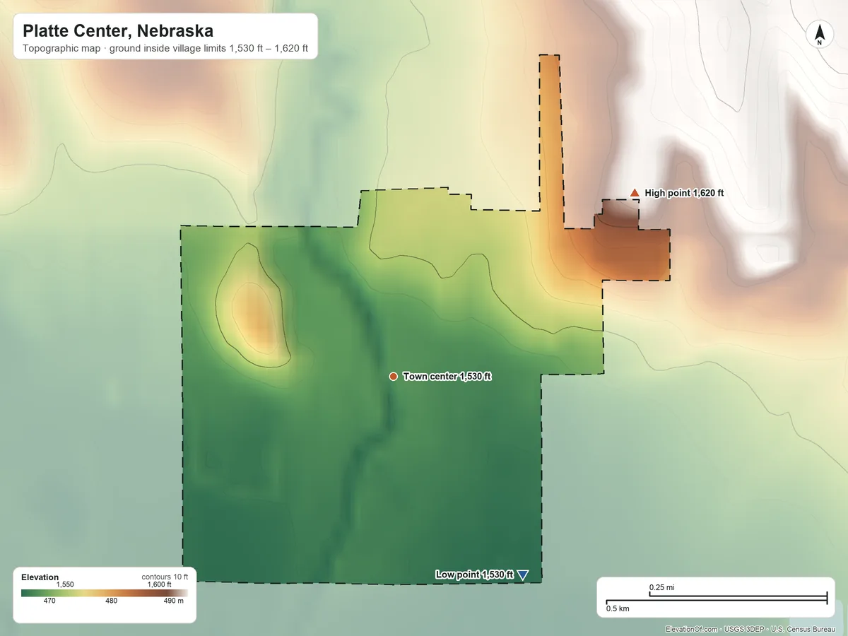 Topographic elevation map of Platte Center, Nebraska, shaded from 1,530 ft on the southeast side to 1,620 ft on the northeast side