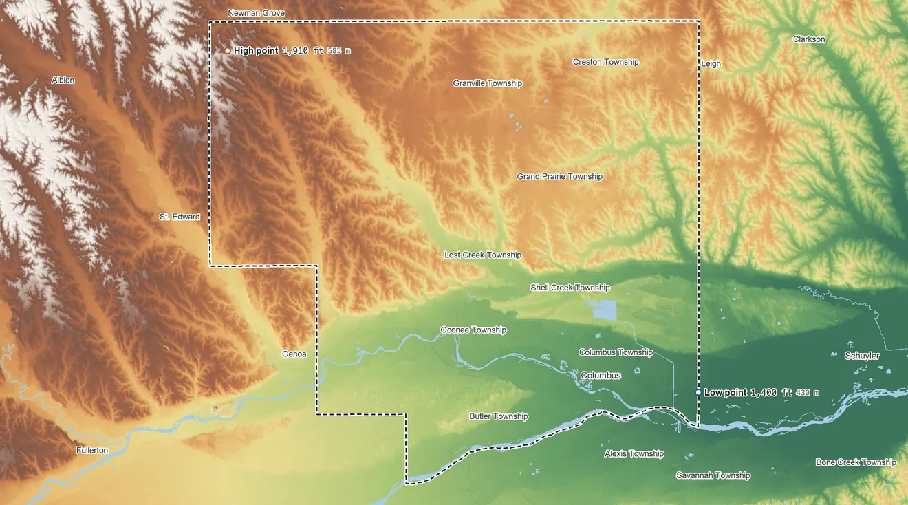 Topographic elevation map of Platte County, Nebraska, shaded from 1,400 ft on the southeast side to 1,910 ft on the northwest side