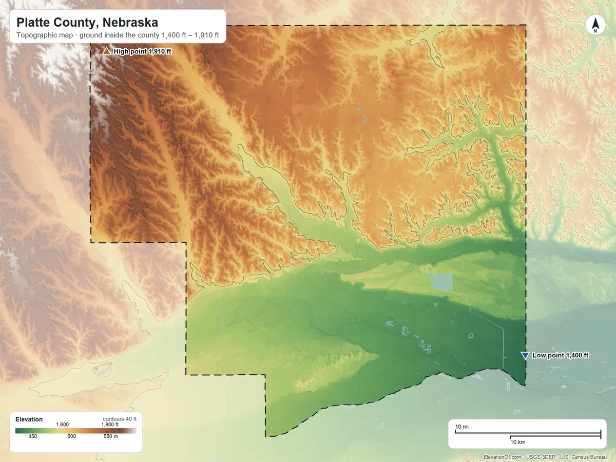 Topographic elevation map of Platte County, Nebraska, shaded from 1,400 ft on the southeast side to 1,910 ft on the northwest side