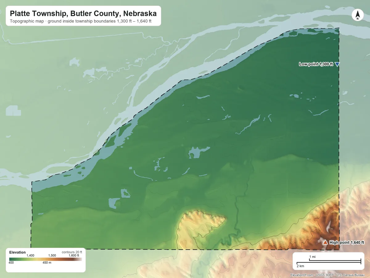 Topographic elevation map of Platte Township, Butler County, Nebraska, shaded from 1,300 ft on the northeast side to 1,640 ft on the southeast side