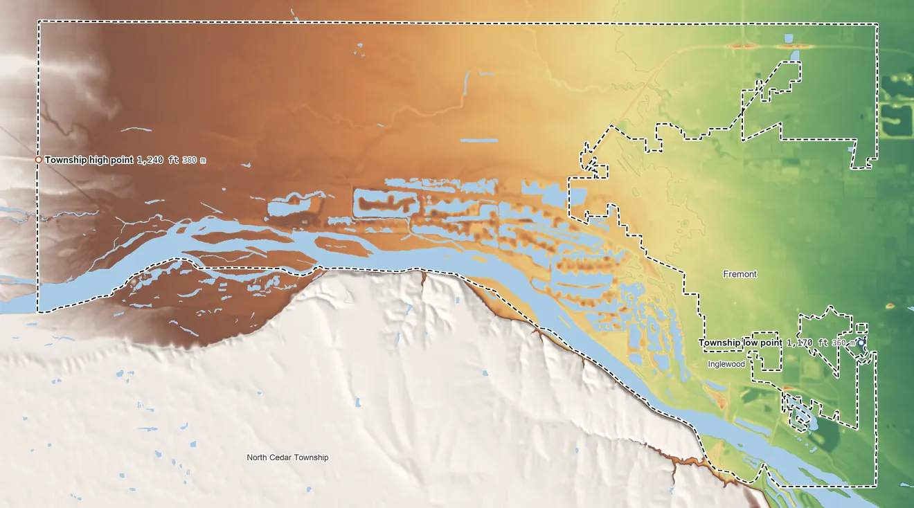 Topographic elevation map of Platte Township, Nebraska, shaded from 1,170 ft on the southeast side to 1,240 ft on the west side