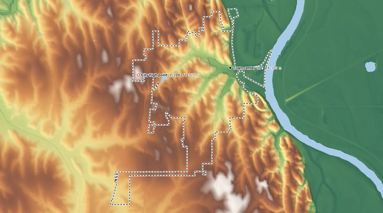 Topographic elevation map of Plattsmouth, Nebraska, shaded from 950 ft on the east side to 1,200 ft on the west side