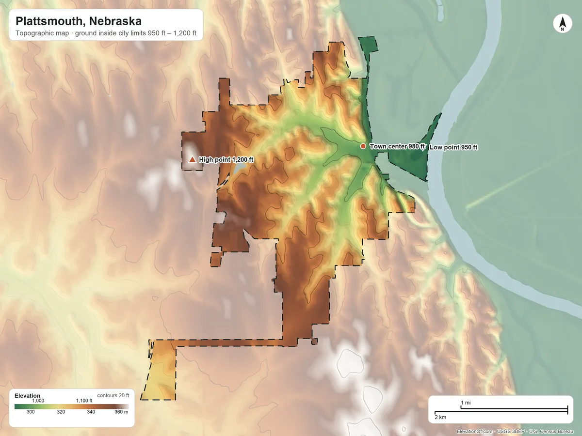 Topographic elevation map of Plattsmouth, Nebraska, shaded from 950 ft on the east side to 1,200 ft on the west side