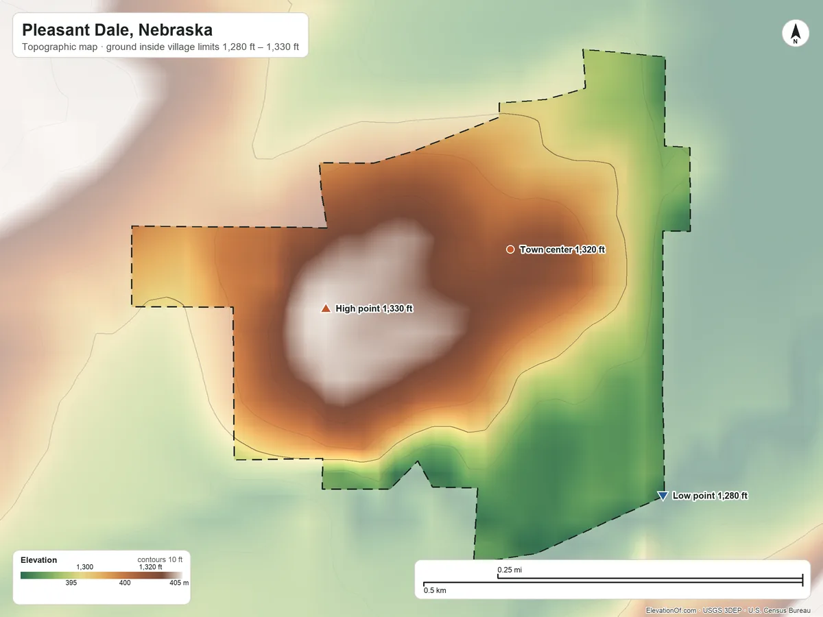 Topographic elevation map of Pleasant Dale, Nebraska, shaded from 1,280 ft on the southeast side to 1,330 ft on the west side