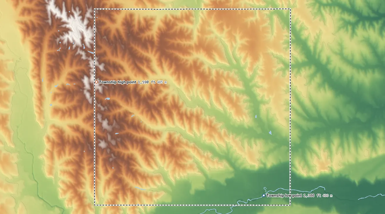 Topographic elevation map of Pleasant Valley Township, Nebraska, shaded from 1,300 ft on the southeast side to 1,590 ft on the west side