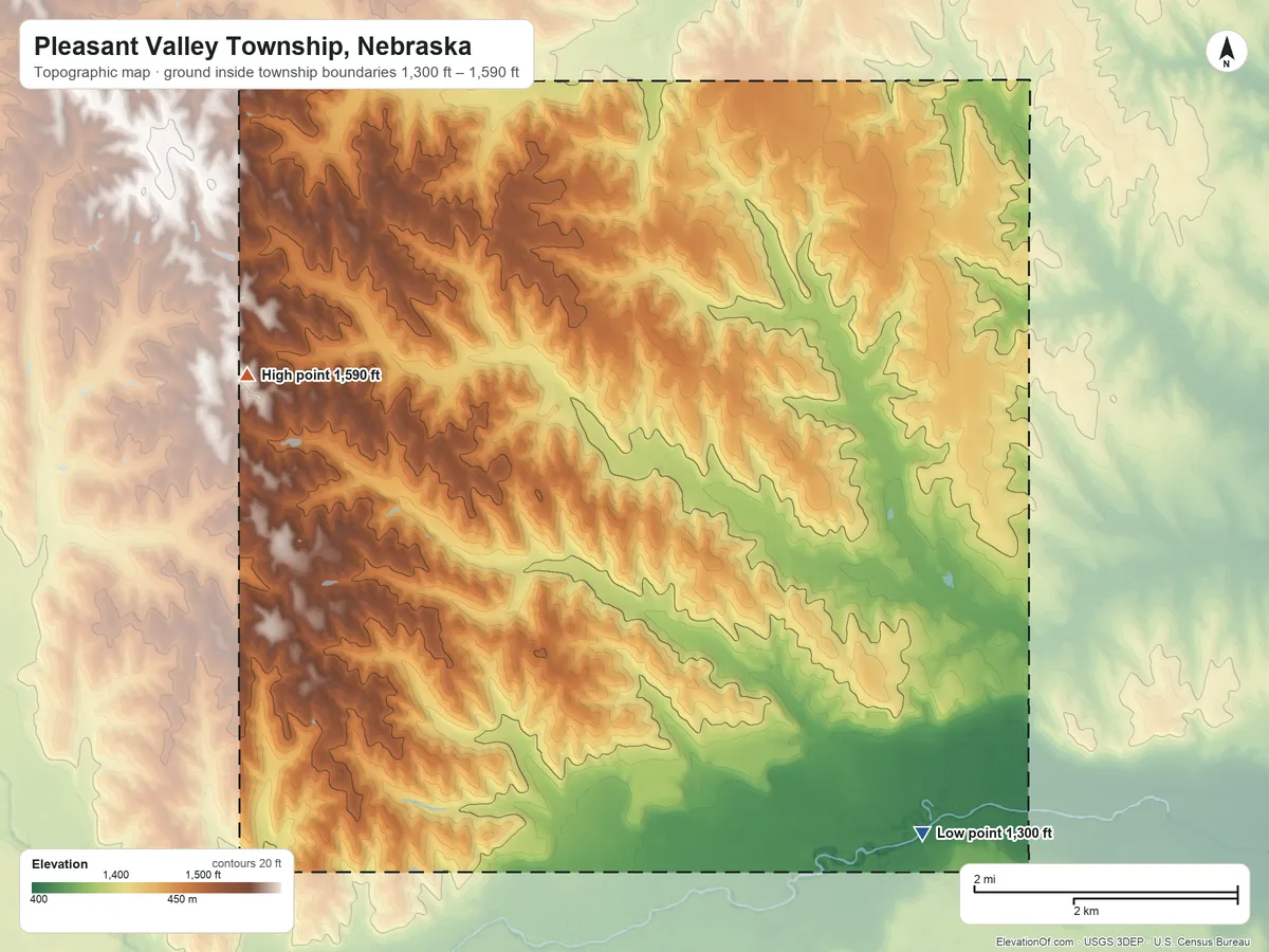 Topographic elevation map of Pleasant Valley Township, Nebraska, shaded from 1,300 ft on the southeast side to 1,590 ft on the west side