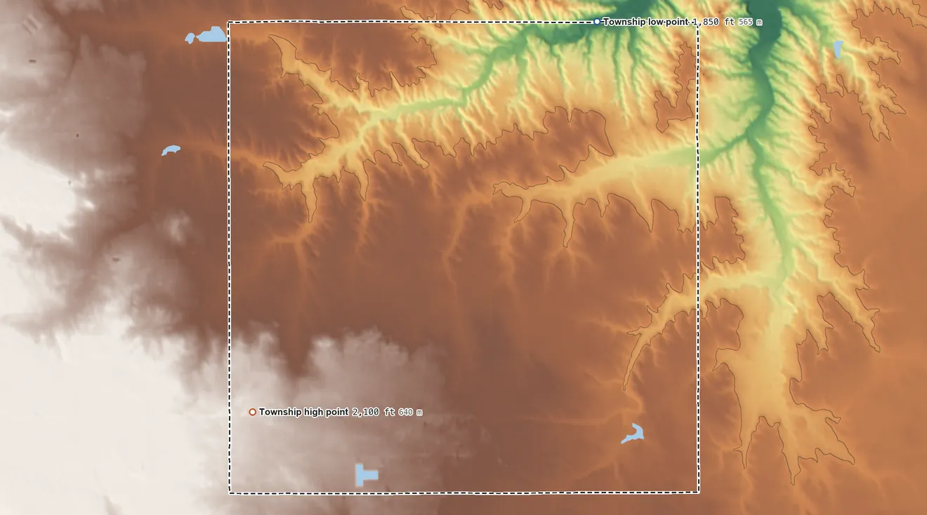 Topographic elevation map of Pleasant View Township, Nebraska, shaded from 1,850 ft on the northeast side to 2,100 ft on the southwest side