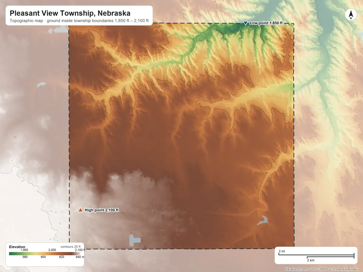 Topographic elevation map of Pleasant View Township, Nebraska, shaded from 1,850 ft on the northeast side to 2,100 ft on the southwest side