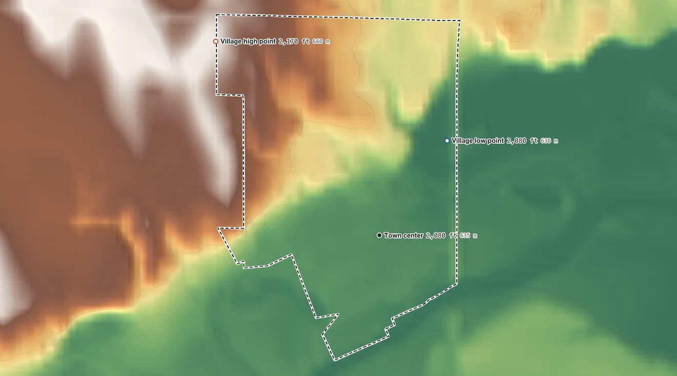 Topographic elevation map of Pleasanton, Nebraska, shaded from 2,080 ft on the northeast side to 2,170 ft on the northwest side