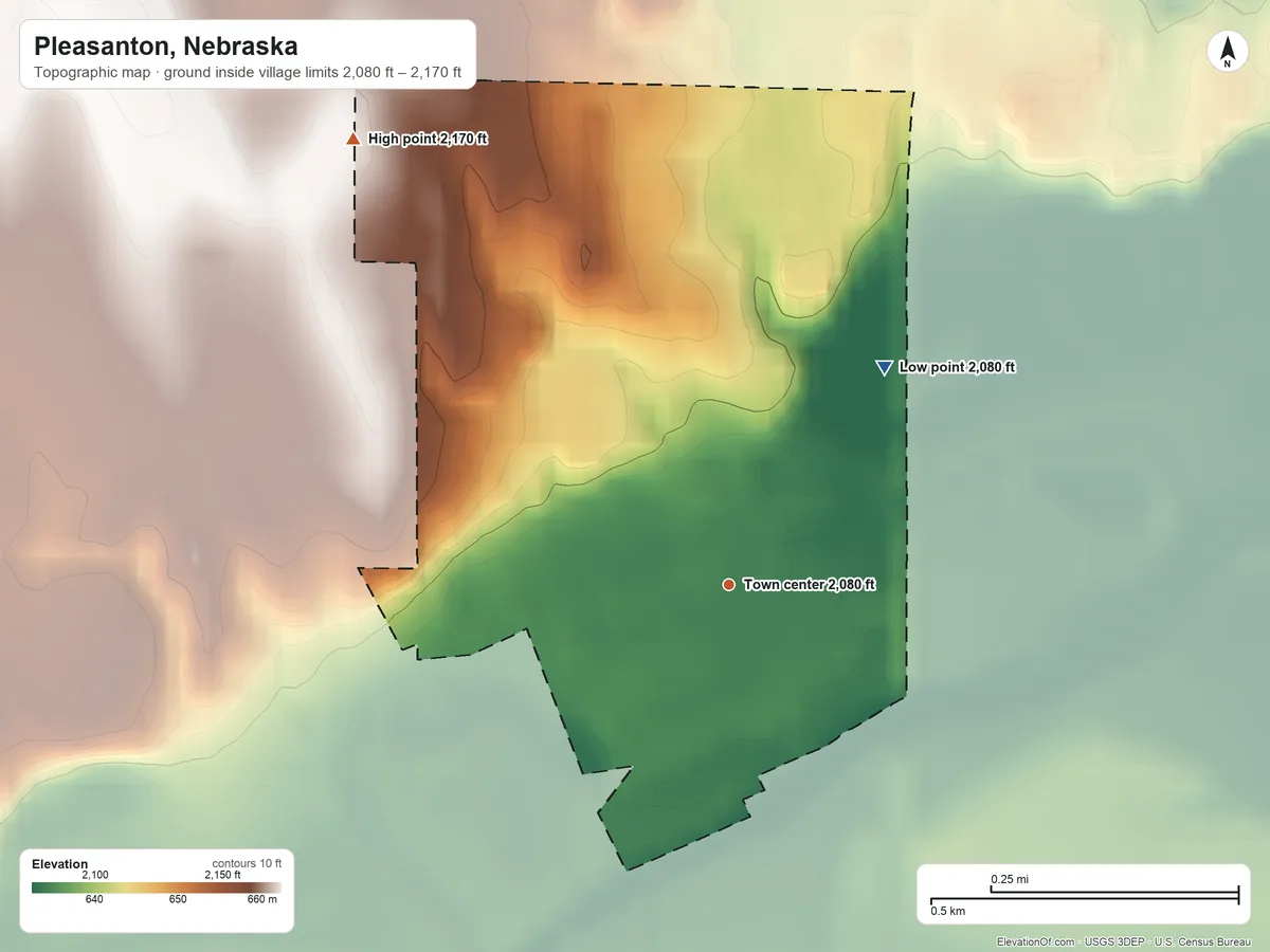 Topographic elevation map of Pleasanton, Nebraska, shaded from 2,080 ft on the northeast side to 2,170 ft on the northwest side