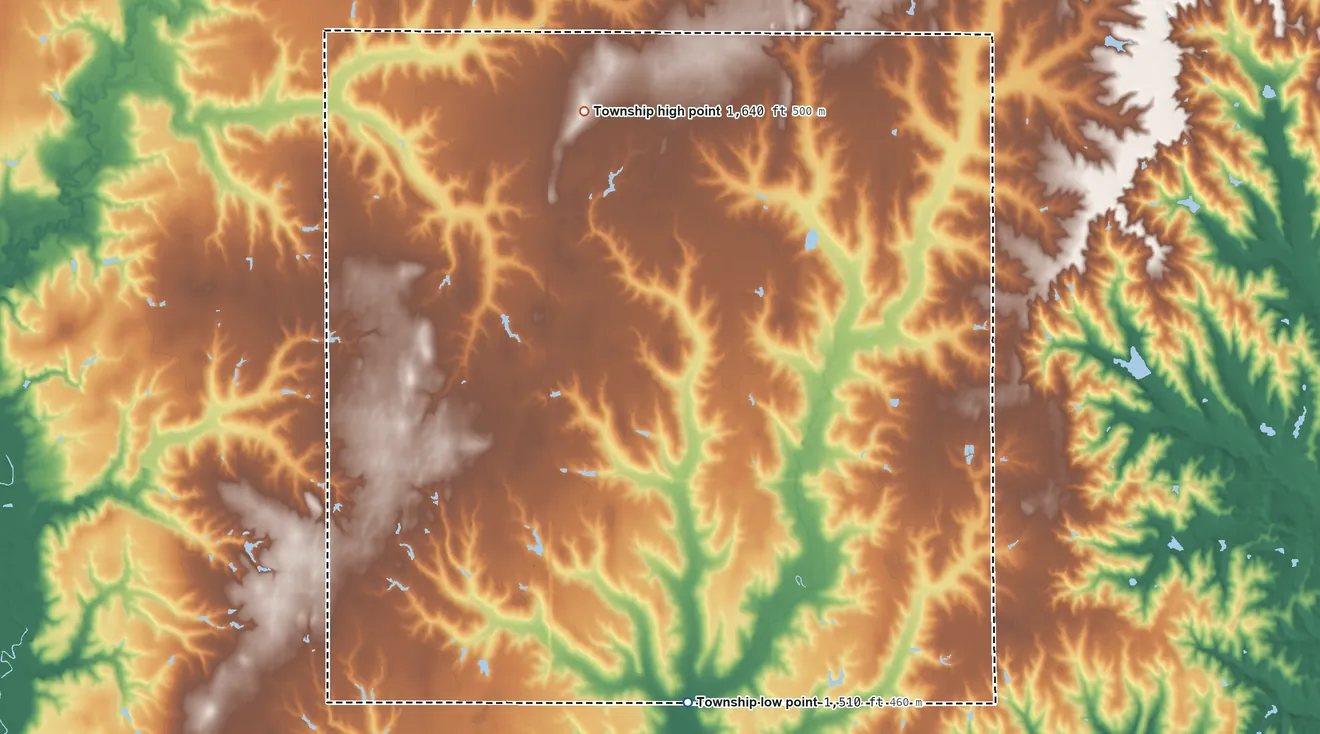 Topographic elevation map of Plum Creek Township, Nebraska, shaded from 1,510 ft on the south side to 1,640 ft on the north side