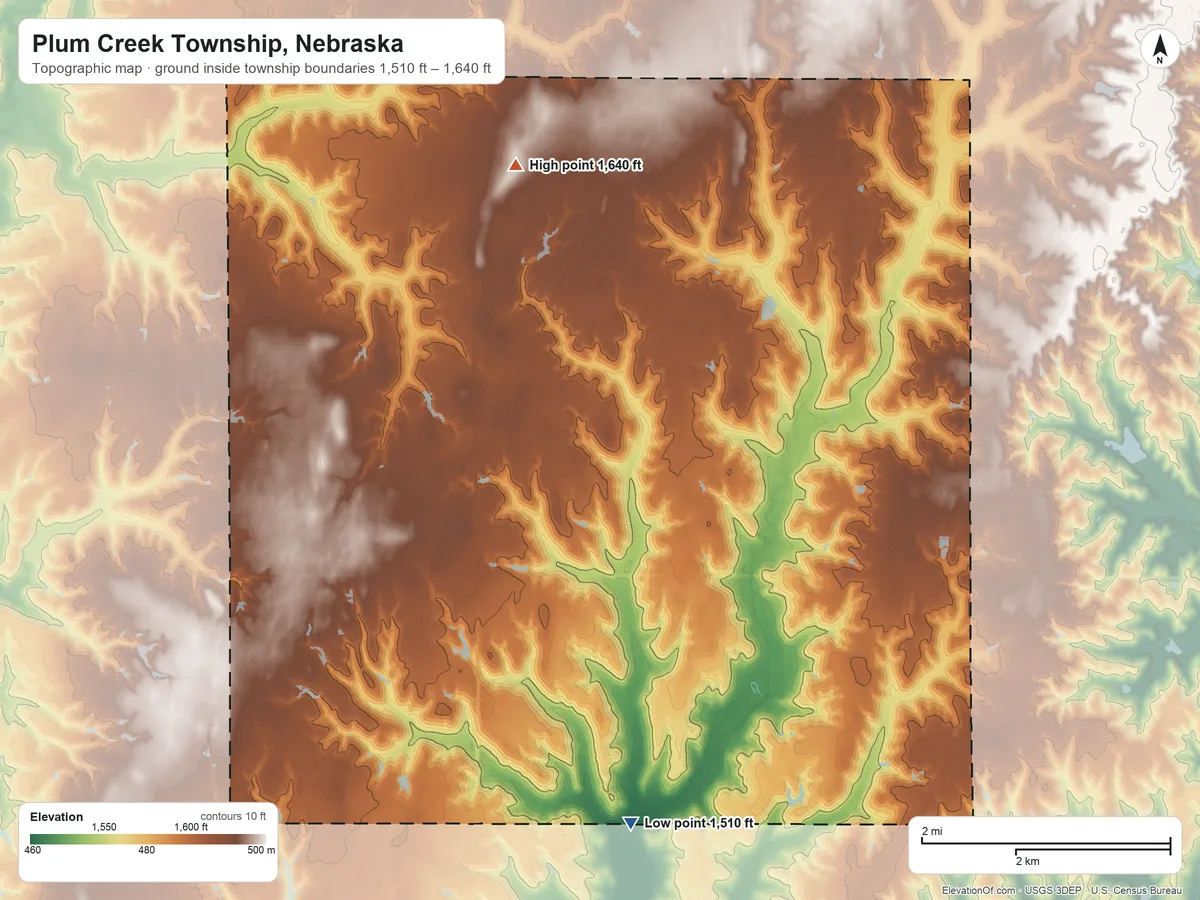Topographic elevation map of Plum Creek Township, Nebraska, shaded from 1,510 ft on the south side to 1,640 ft on the north side