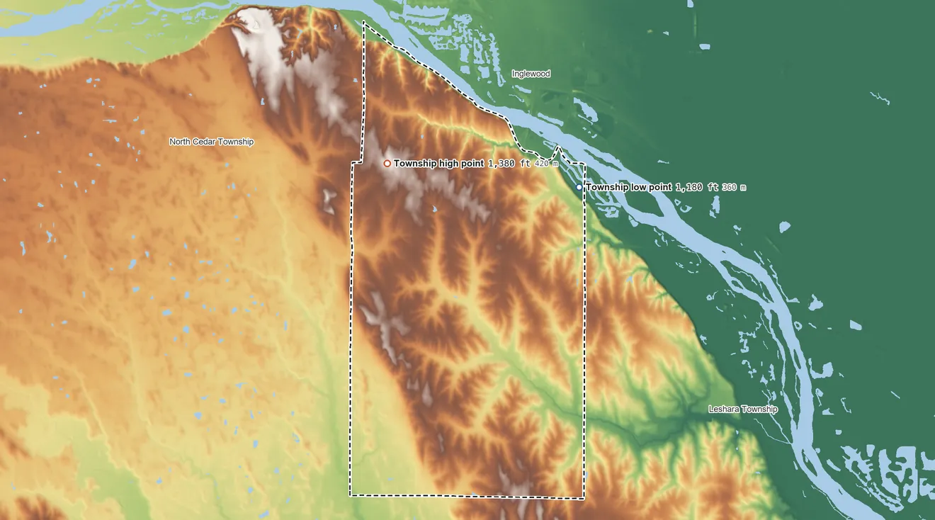Topographic elevation map of Pohocco Township, Nebraska, shaded from 1,180 ft on the east side to 1,380 ft on the northwest side