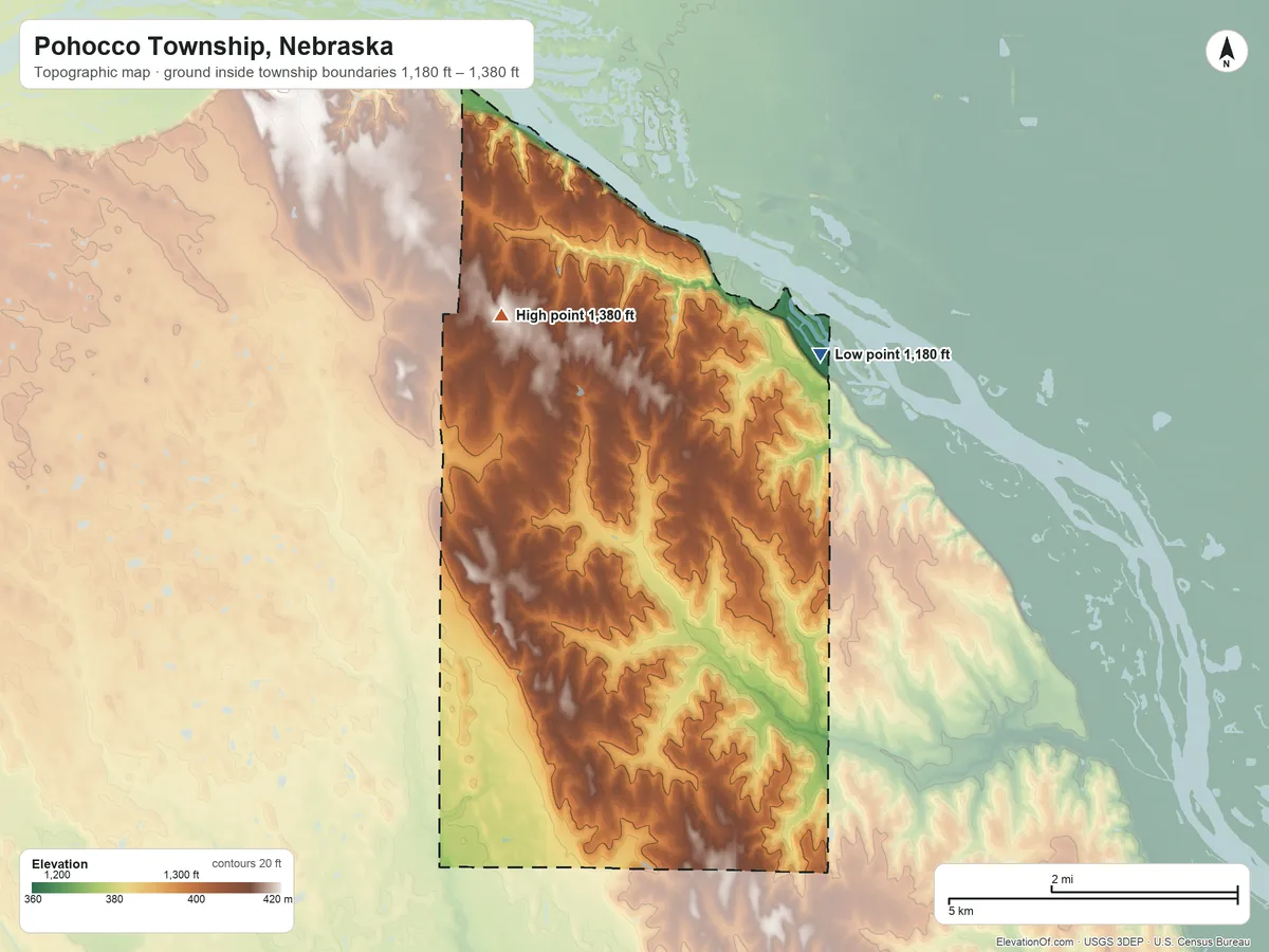 Topographic elevation map of Pohocco Township, Nebraska, shaded from 1,180 ft on the east side to 1,380 ft on the northwest side