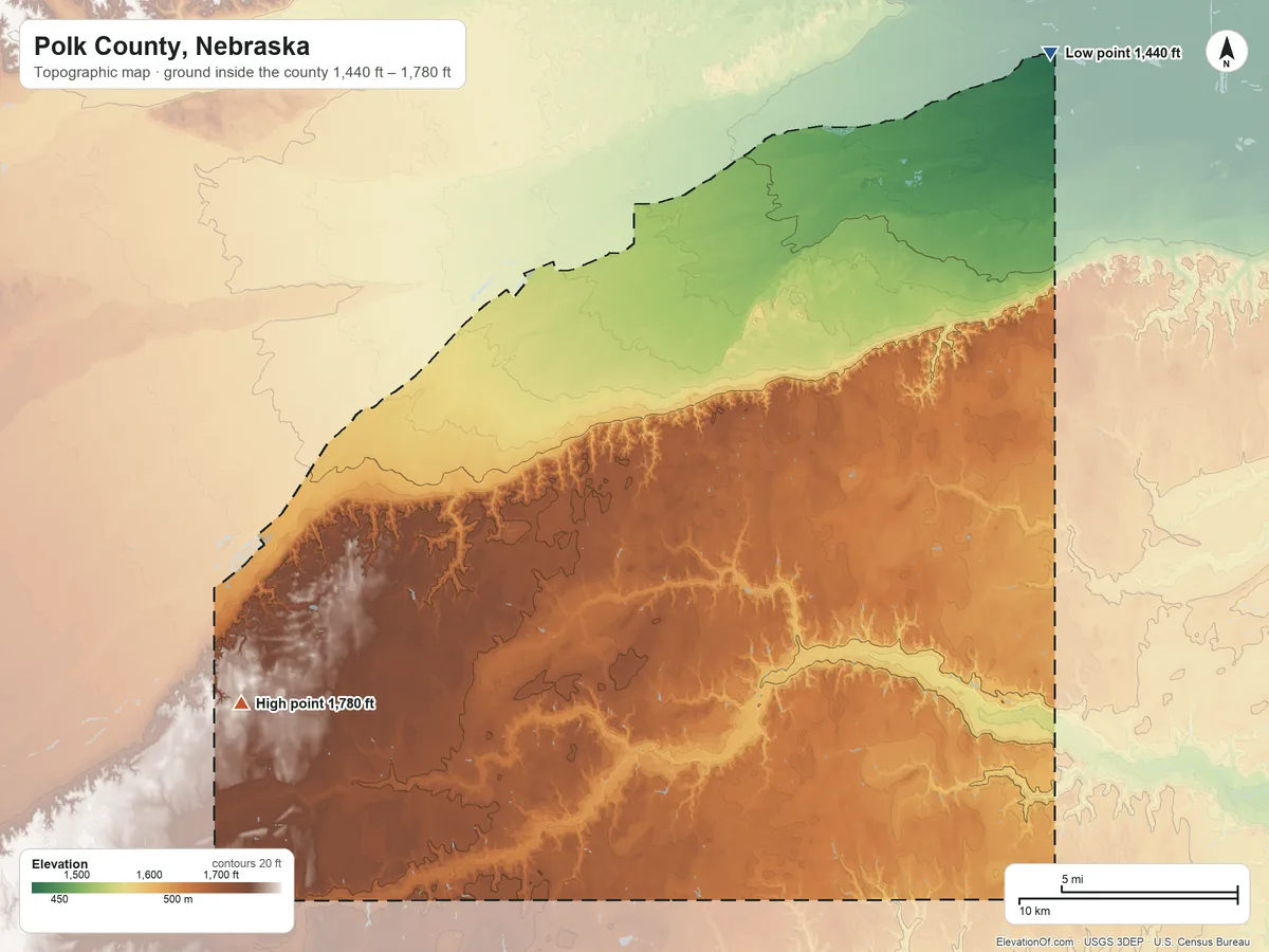 Topographic elevation map of Polk County, Nebraska, shaded from 1,440 ft on the northeast side to 1,780 ft on the southwest side