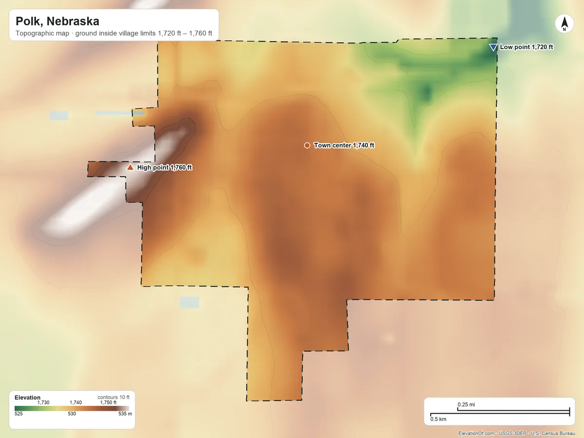 Topographic elevation map of Polk, Nebraska, shaded from 1,720 ft on the northeast side to 1,760 ft on the west side