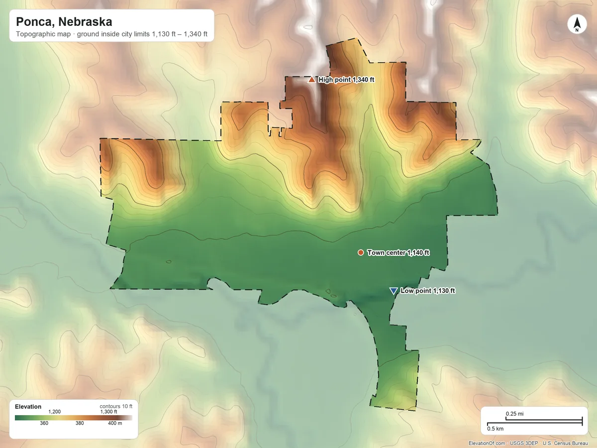 Topographic elevation map of Ponca, Nebraska, shaded from 1,130 ft near the middle to 1,340 ft on the north side