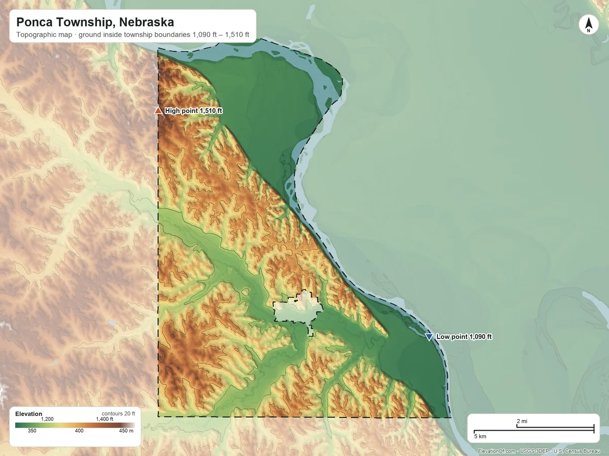 Topographic elevation map of Ponca Township, Nebraska, shaded from 1,090 ft on the southeast side to 1,510 ft on the northwest side