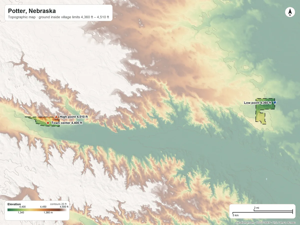 Topographic elevation map of Potter, Nebraska, shaded from 4,360 ft on the east side to 4,510 ft near the middle