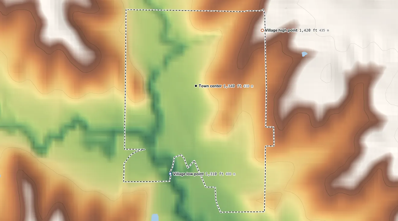 Topographic elevation map of Prague, Nebraska, shaded from 1,310 ft on the south side to 1,420 ft on the northeast side