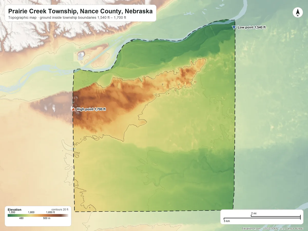 Topographic elevation map of Prairie Creek Township, Nance County, Nebraska, shaded from 1,540 ft on the northeast side to 1,700 ft on the west side