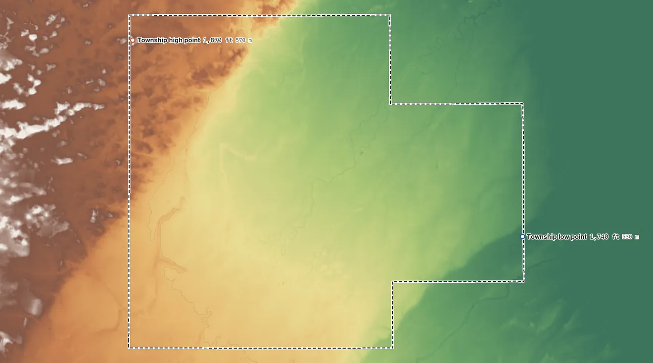 Topographic elevation map of Prairie Creek Township, Nebraska, shaded from 1,740 ft on the east side to 1,870 ft on the northwest side