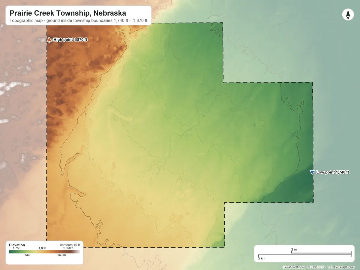 Topographic elevation map of Prairie Creek Township, Nebraska, shaded from 1,740 ft on the east side to 1,870 ft on the northwest side