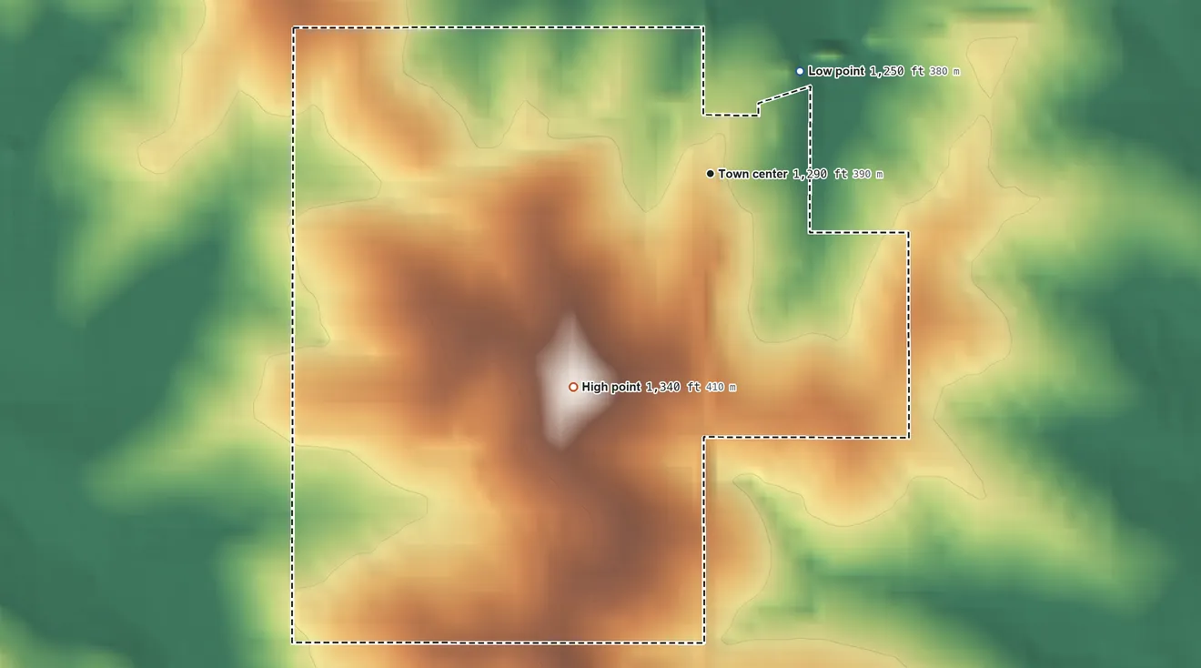 Topographic elevation map of Prairie Home, Nebraska, shaded from 1,250 ft on the northeast side to 1,340 ft on the southwest side