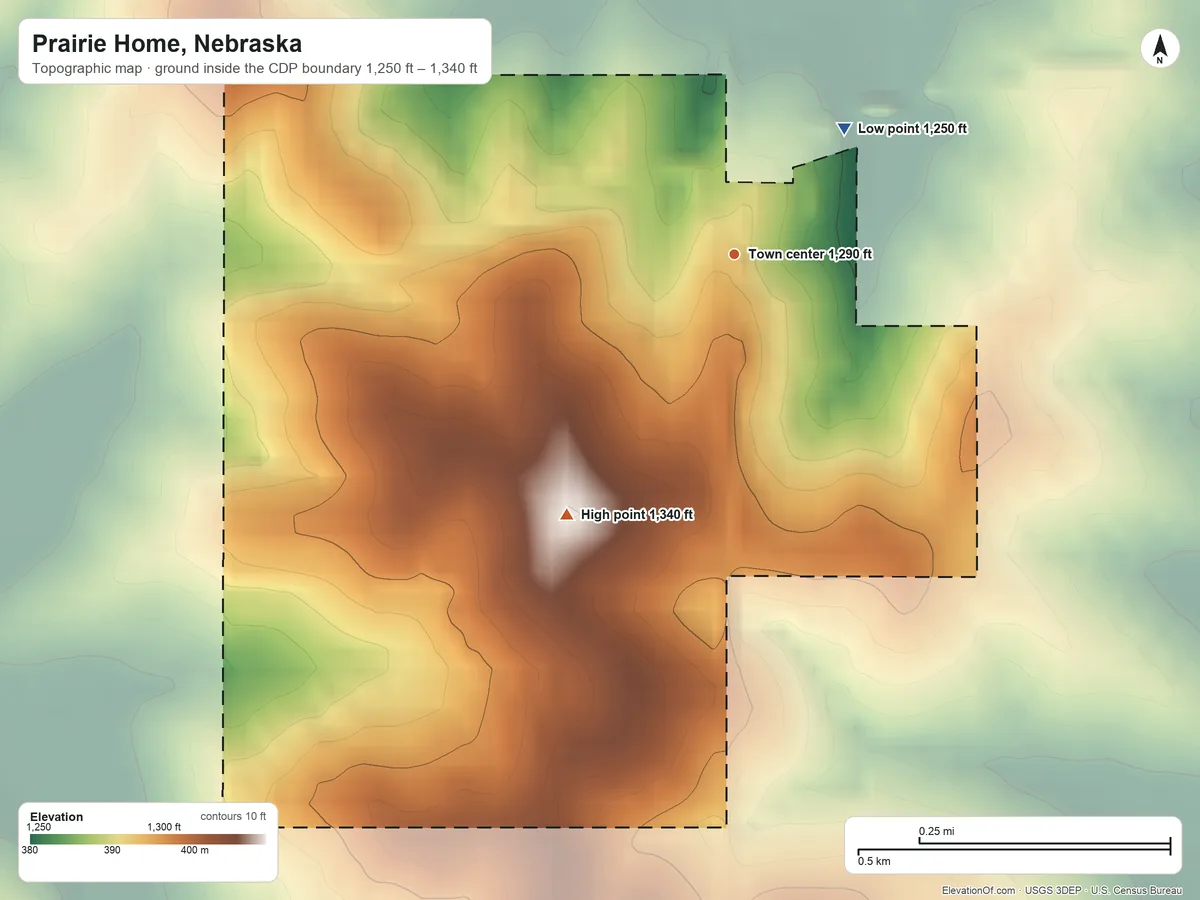 Topographic elevation map of Prairie Home, Nebraska, shaded from 1,250 ft on the northeast side to 1,340 ft on the southwest side