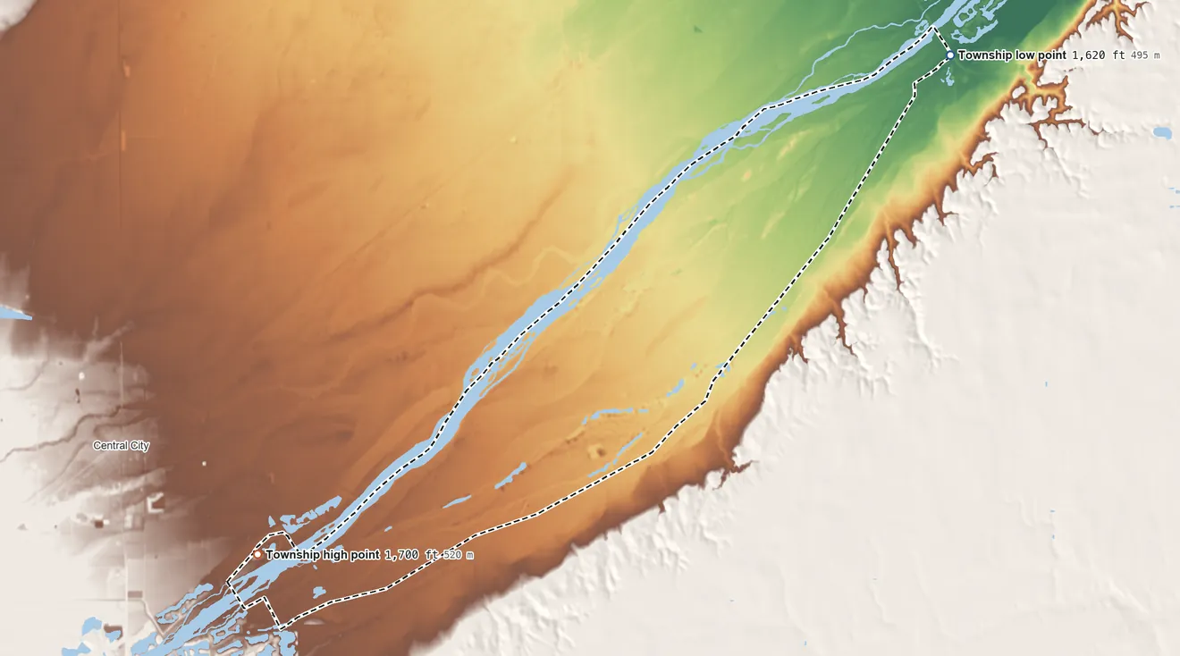 Topographic elevation map of Prairie Island Township, Nebraska, shaded from 1,620 ft on the northeast side to 1,700 ft on the west side
