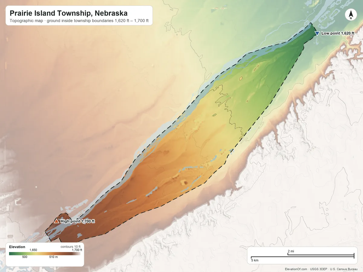 Topographic elevation map of Prairie Island Township, Nebraska, shaded from 1,620 ft on the northeast side to 1,700 ft on the west side