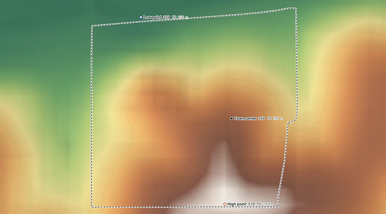 Topographic elevation map of Preston, Nebraska, shaded from 880 ft on the northwest side to 970 ft on the south side
