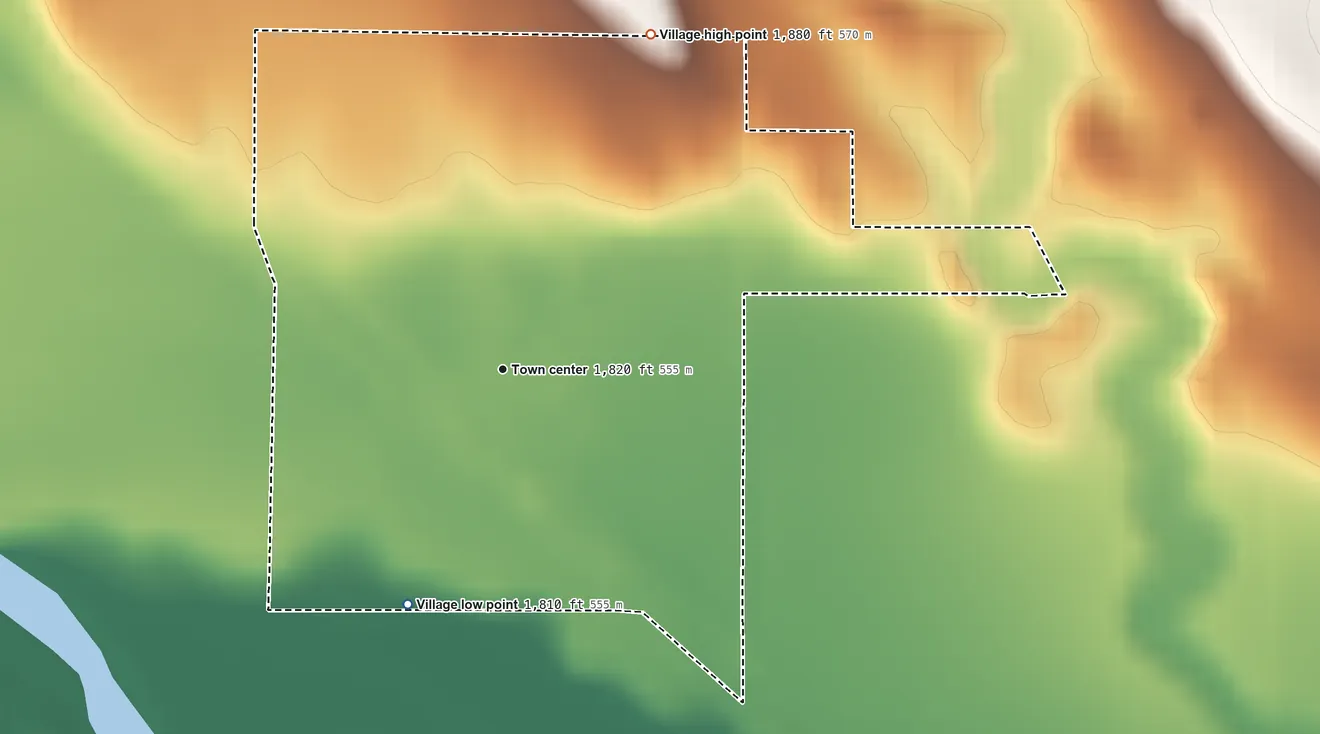 Topographic elevation map of Primrose, Nebraska, shaded from 1,810 ft on the south side to 1,880 ft on the northeast side