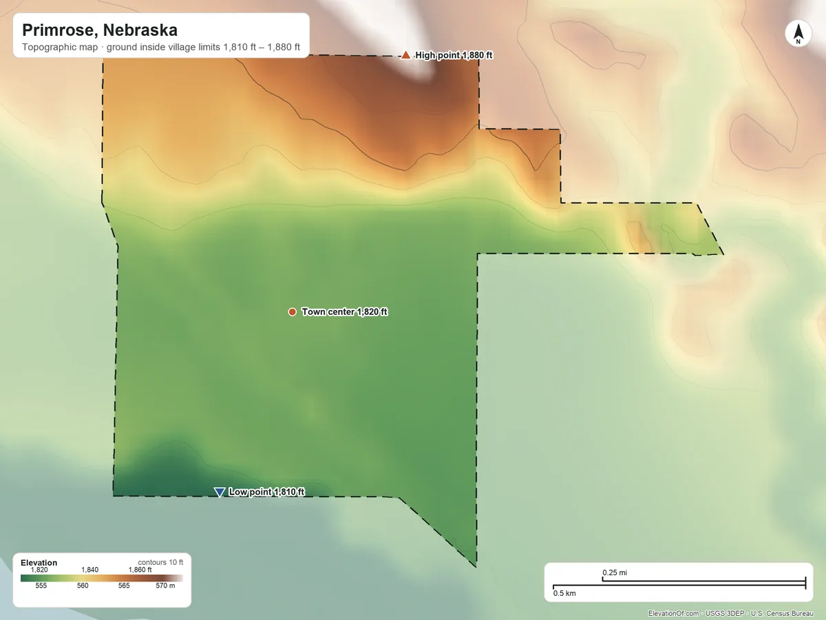 Topographic elevation map of Primrose, Nebraska, shaded from 1,810 ft on the south side to 1,880 ft on the northeast side