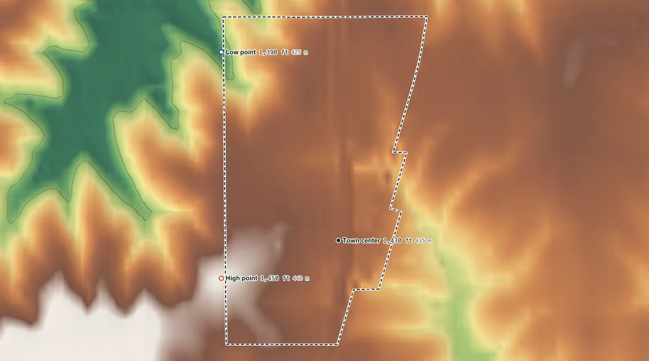 Topographic elevation map of Princeton, Nebraska, shaded from 1,390 ft on the northwest side to 1,450 ft on the west side