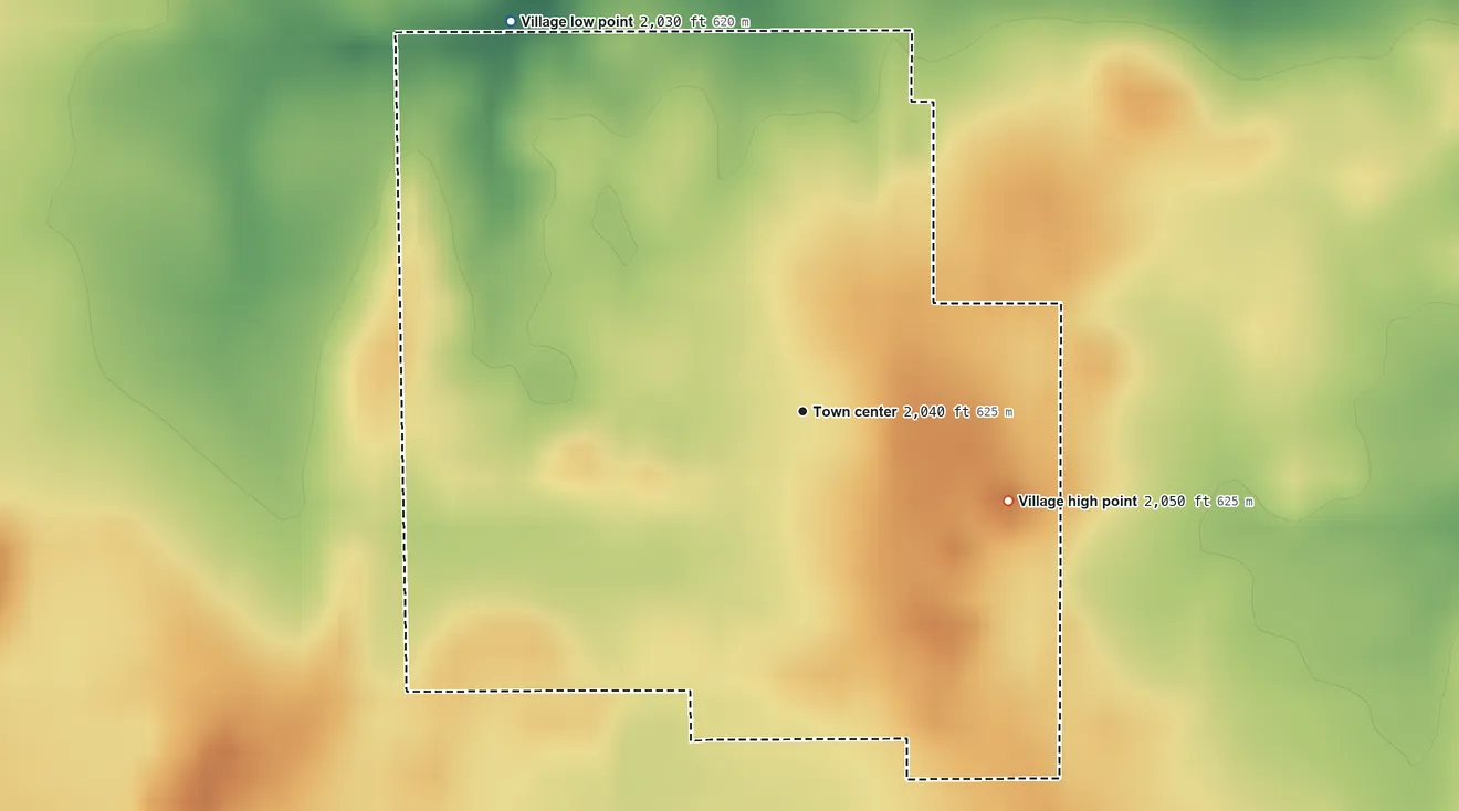 Topographic elevation map of Prosser, Nebraska, shaded from 2,030 ft on the northwest side to 2,050 ft on the southeast side