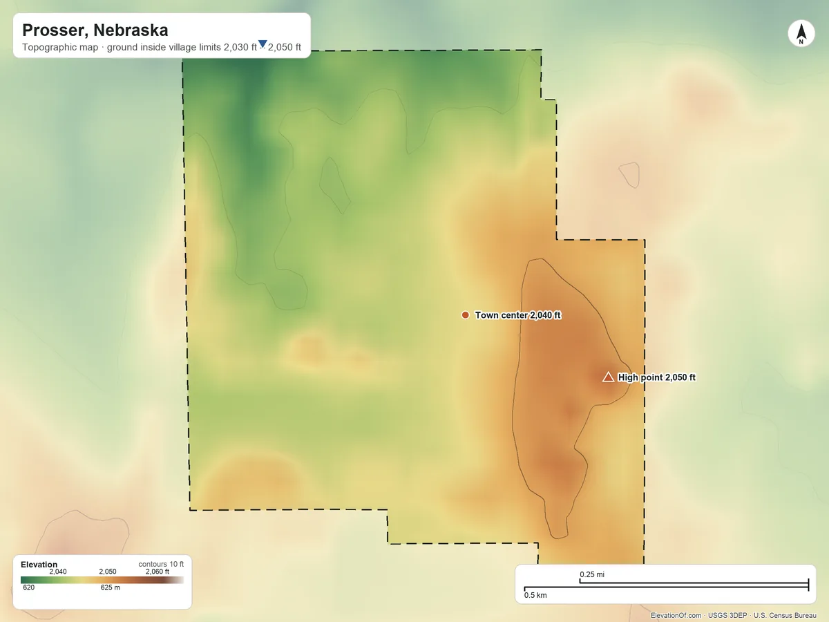 Topographic elevation map of Prosser, Nebraska, shaded from 2,030 ft on the northwest side to 2,050 ft on the southeast side
