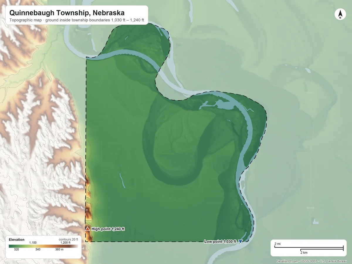 Topographic elevation map of Quinnebaugh Township, Nebraska, shaded from 1,030 ft on the southeast side to 1,240 ft on the south side