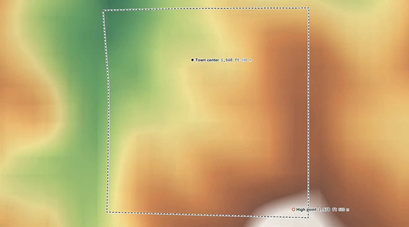 Topographic elevation map of Raeville, Nebraska, shaded from 1,920 ft on the northwest side to 1,970 ft on the southeast side